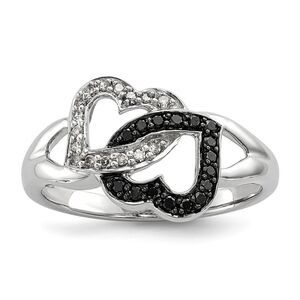 1/8Ctw Black & White Diamond Double Heart Ring in Sterling Silver Sz 8